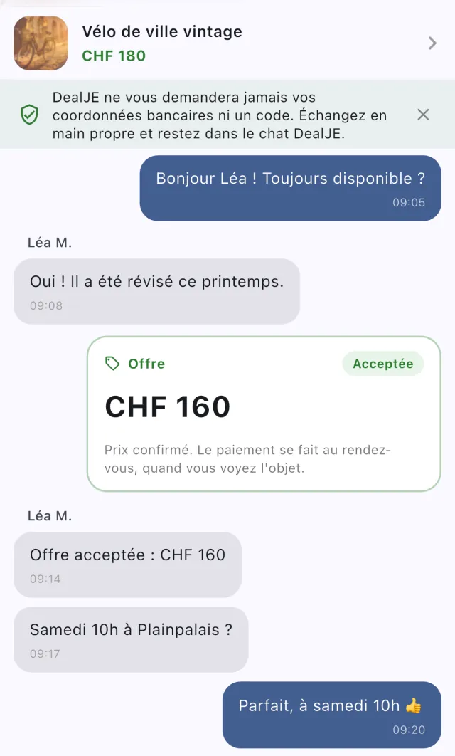 Une conversation DealJE : un bandeau rappelle que DealJE ne demande jamais de coordonnées bancaires ni de code, puis les deux personnes conviennent d’un rendez-vous samedi à 10 h à Plainpalais.