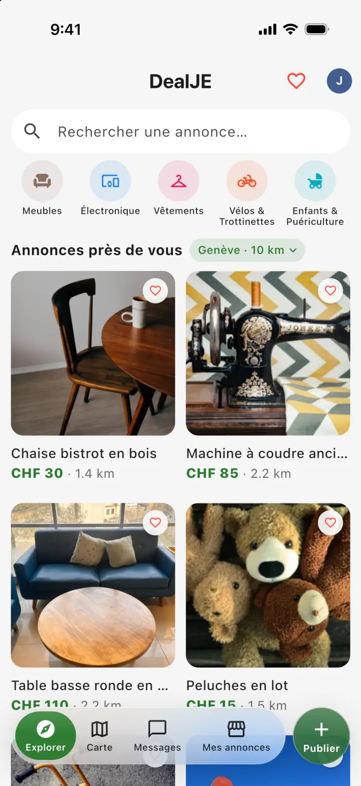 L’écran Explorer de DealJE : des annonces autour de Genève dans un rayon de 10 km, chacune avec sa photo, son prix et sa distance.