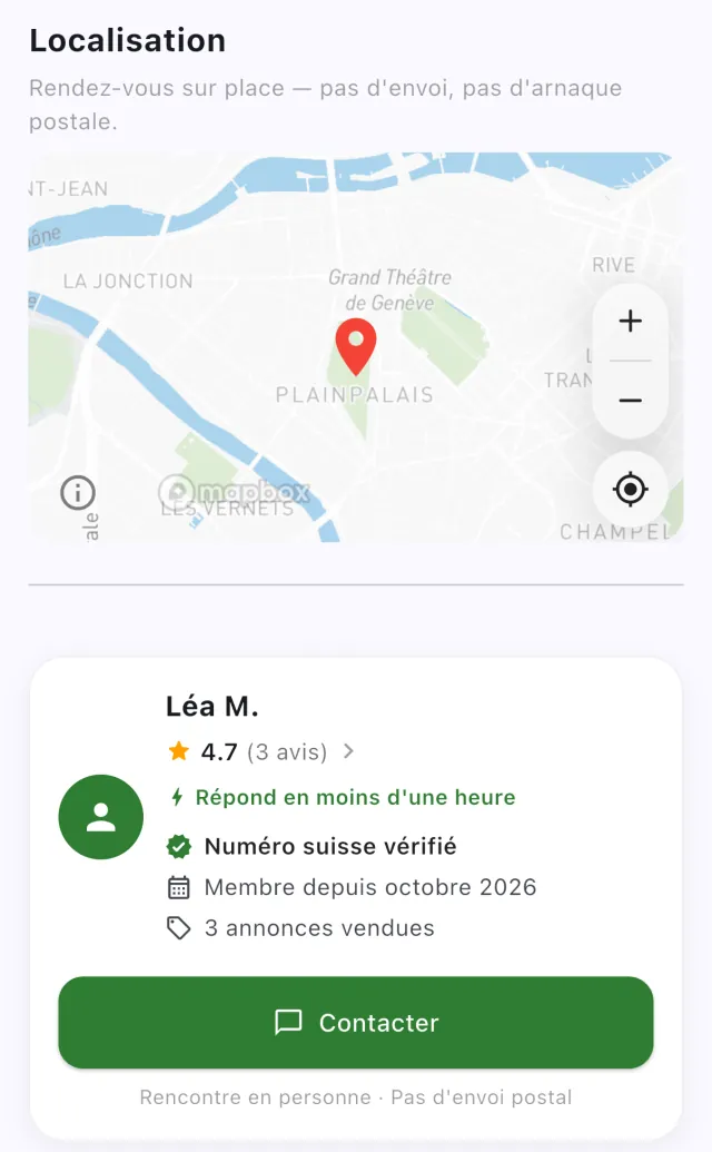 Une annonce DealJE : sa zone à Plainpalais sur la carte, puis la fiche du vendeur avec numéro suisse vérifié et le bouton Contacter.